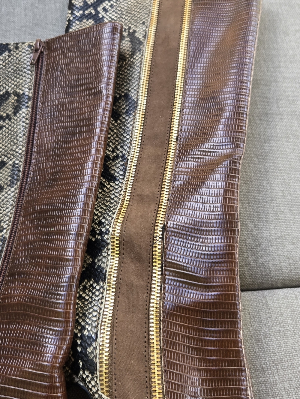 Shoe Dazzle Kioni Brown Snakeskin-Print Knee Boots with Gold Zip - Picture 8 of 16